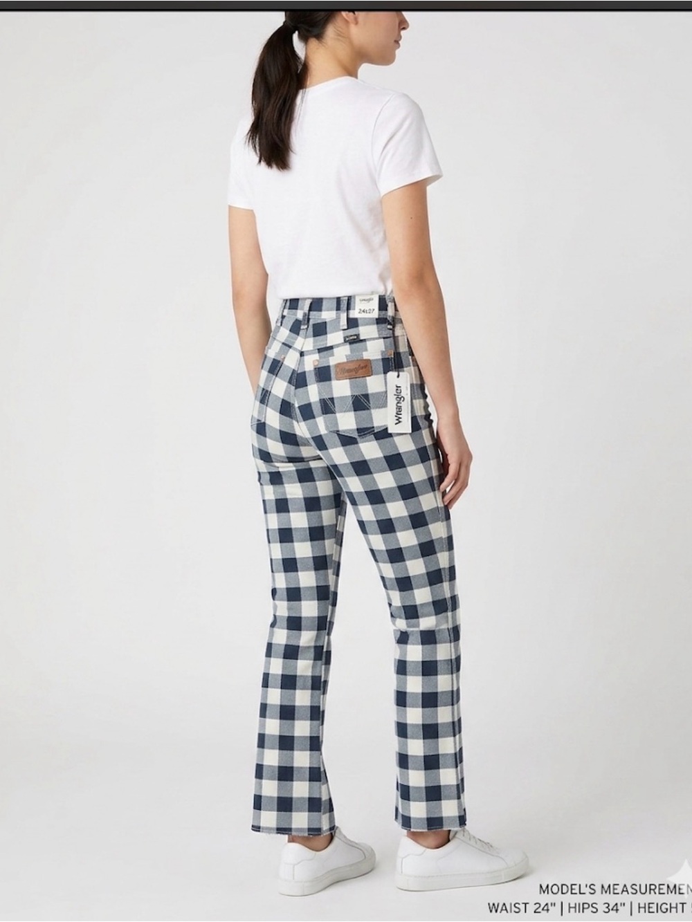 Wrangler WROCK 672 Women’s 24 Blue White Gingham Plaid Flare Stretch Jeans NWT
